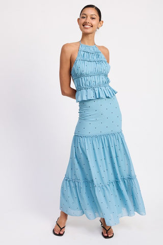 full length front view cream polka dot tiered ruffle midi skirt showing complete skirt proportions and midi length
