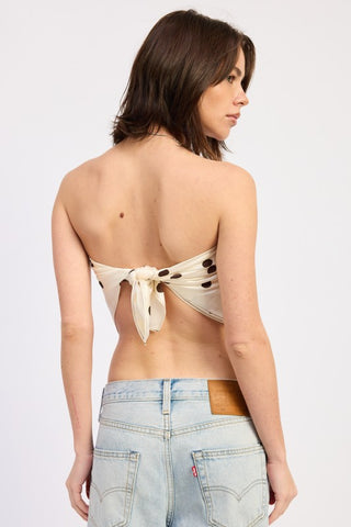 lifestyle shot Ines polka dot bandana scarf tube top outdoor setting