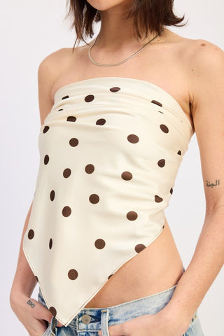 front view ivory large brown polka dot bandana scarf tube top showing center-front fold point and strapless construction