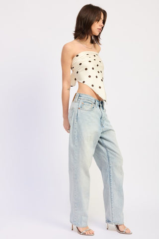 full length view ivory brown polka dot bandana crop top styled with high waist jeans