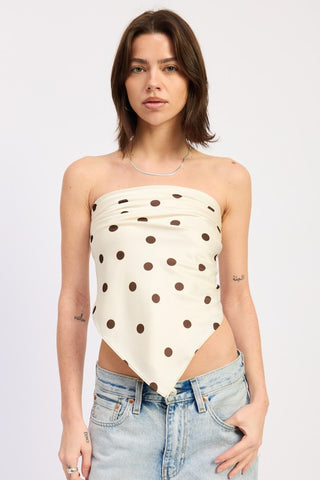 Ines polka dot bandana crop top in ivory brown, strapless tube with built-in V-point fold at center front hem