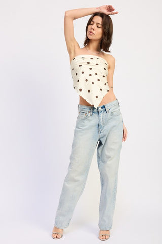 side view ivory brown polka dot bandana tube top showing fitted strapless fit and cropped length