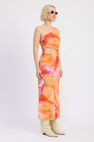 one shoulder floral maxi dress side profile single strap bare left arm orange