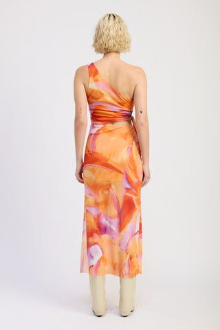 one shoulder floral maxi dress back view standard drape O-ring cord visible side
