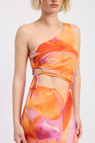 adjustable O-ring one shoulder floral maxi dress drawstring cord midriff detail