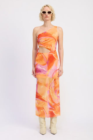 one shoulder floral maxi dress orange front view O-ring cutout white boots