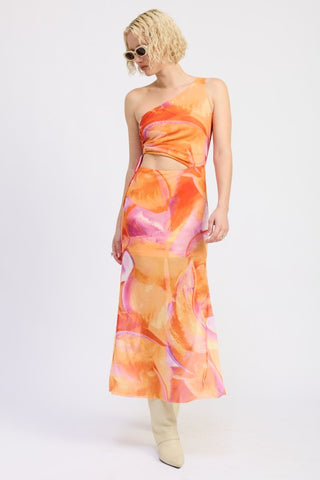 one shoulder floral maxi dress orange drawstring tie visible at natural waist