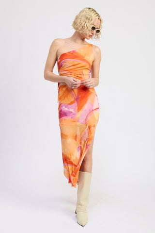 one shoulder floral maxi dress orange three-quarter view wrap slit model walking