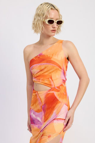 one shoulder floral maxi dress bodice close-up diagonal strap O-ring waist cutout