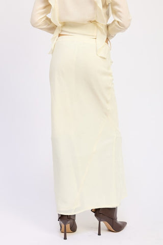 waist detail ivory satin maxi skirt showing metal-tipped drawstring cord and jacquard fabric at waist