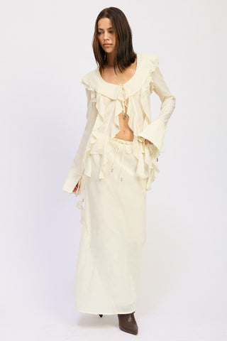 full length model in ivory jacquard satin maxi skirt showing slim fitted floor length and drawstring waist