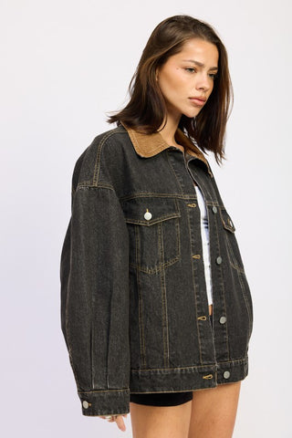 front view Patty mixed media black denim jacket showing four pockets and camel corduroy collar complete look