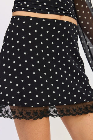 close-up scalloped lace hem detail black white polka dot mini skirt showing lace edge structure and polka dot pattern