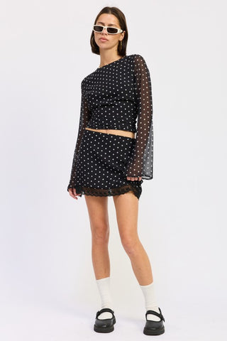 co-ord set look black polka dot bell sleeve sheer crop top with matching lace hem mini skirt