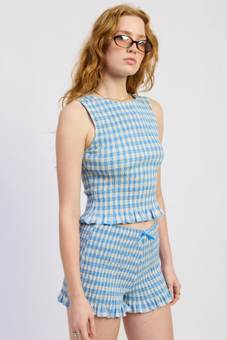 co-ord set look Poppy blue gingham smocked crop top worn with matching smocked gingham shorts