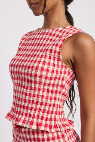 full front standing view Poppy blue gingham smocked crop top complete look with matching shorts