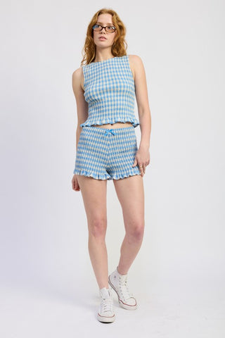 Poppy blue gingham smocked shorts with lettuce hem, all-over shirring, drawstring waist, blue cream gingham check