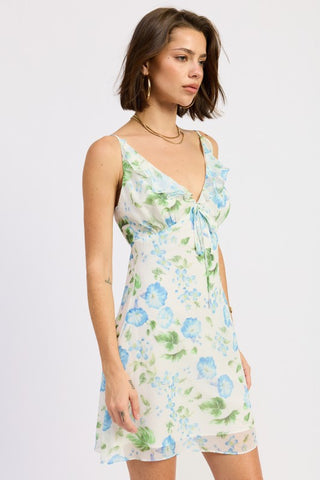full front view white blue hydrangea watercolor print ruffle chiffon mini dress complete look with heeled sandals