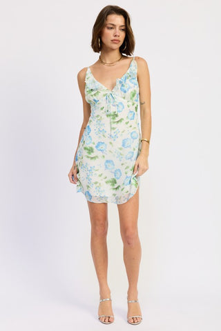back view white blue watercolor floral chiffon mini dress showing open back spaghetti strap construction
