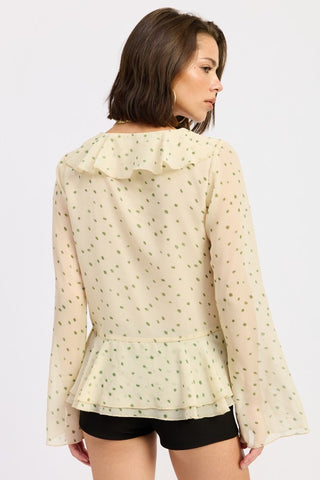 alternate styling view ivory green polka dot open front butterfly blouse tied at V-neck