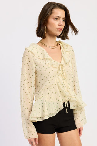 detail shot small sage green polka dot pattern on ivory polyester butterfly blouse