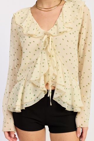 front view ivory olive polka dot butterfly blouse showing open flyaway front ruffle panels and self-tie V-neck