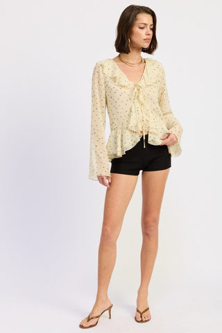 back view ivory green polka dot long sleeve butterfly blouse showing back construction