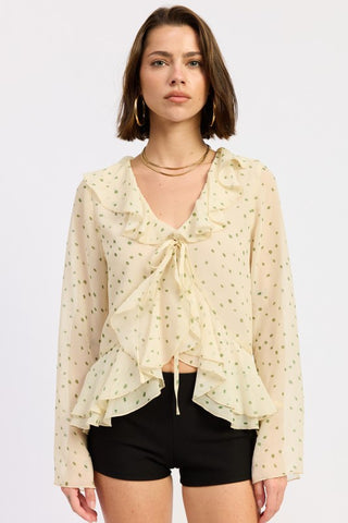 Isadora open front butterfly blouse in ivory sage green polka dot with ruffle cascade panels and V-neck self-tie