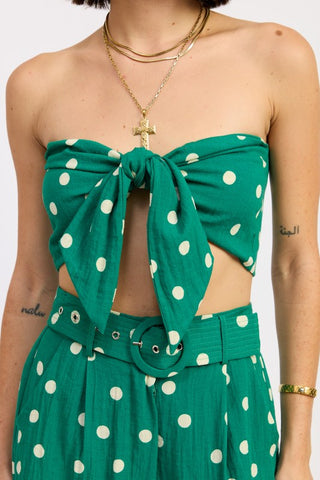 co-ord set full view butter polka dot tie front top and matching high waist cuffed shorts