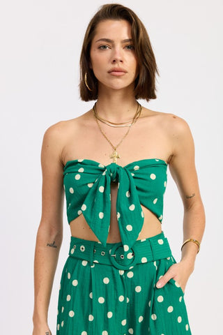 back view butter polka dot strapless tie front crop top