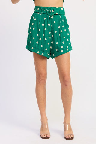lifestyle shot Lola butter polka dot belted cuffed high waist shorts