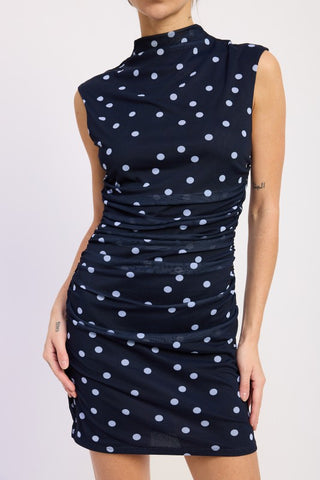 close-up bodice navy polka dot mesh mock neck mini dress showing stand up collar and ruched side gathering detail
