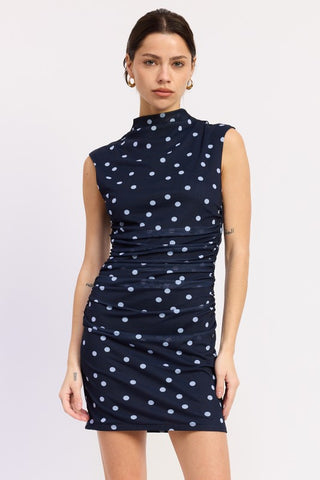 Edie mock neck mini dress in navy white polka dot mesh, bodycon fit, ruched sides, sleeveless stand up collar