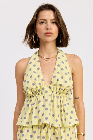 Brigitte ruffle peplum polka dot halter top in yellow lime with gray polka dots, deep V-neck halter and ruffle waist