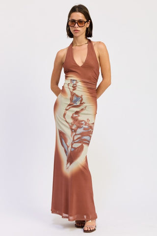 Rio terracotta print boho halter maxi dress with abstract botanical print, deep V neck tie, open back, floor length