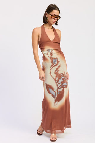 detail shot abstract botanical print on terracotta halter maxi dress showing terracotta cream blue botanical pattern