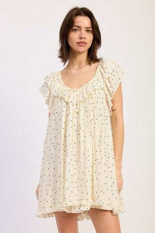 Eloise babydoll romper in ivory polka dot with ruffle collar, flutter sleeves, and tie front bow at neckline