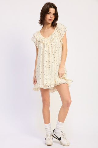 back view Eloise ivory polka dot babydoll romper showing back construction
