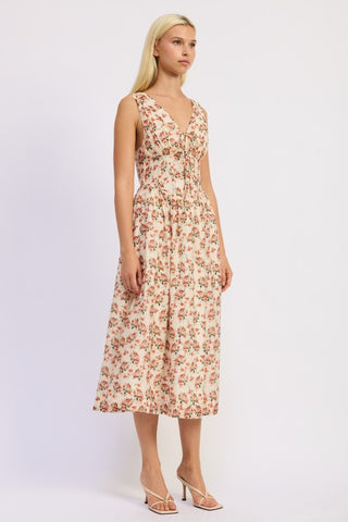 full front view cream garden rose print corset midi dress complete look with sandals
