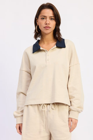 Scout contrast collar polo crop top in cream with navy contrast polo collar, ribbed cuffs, French terry, slightly cropped