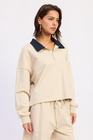 co-ord set look Scout cream contrast collar polo crop top with matching French terry shorts