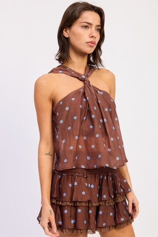 full length styling shot tie neck crop top in brown polka dot with matching tiered skirt