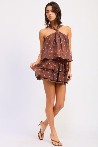 close-up of neck twist tie detail on Vera brown and blue periwinkle polka dot halter top
