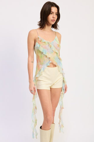 full length front view ruffle cami top with cream shorts and tall cream boots showing complete outfit styling