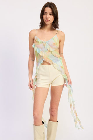 Romy watercolor ruffle cami top front view with diagonal cascade ruffles and long trailing chiffon streamer extensions at hem