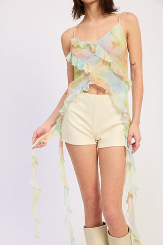 close up front ruffle cami top showing double layer diagonal ruffle cascade with trailing chiffon ribbon streamers to thigh