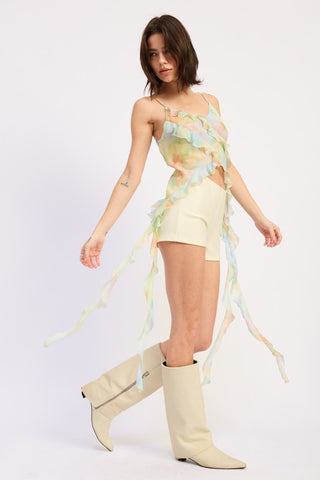 detail close up ruffle cami top showing watercolor pastel chiffon print and double ruffle edge with streamer extension