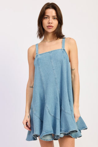 Penny denim overall dress in light wash with diagonal panel skirt and ruffle hem, wide square neck straps