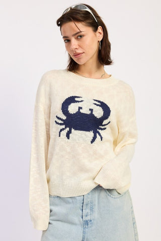 Lilly crab intarsia graphic knit sweater in cream slub knit with large navy blue crab motif on chest, relaxed boxy fit
