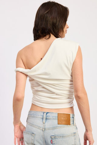 full length view cream asymmetrical one shoulder crop top with heeled sandals and wide leg denim